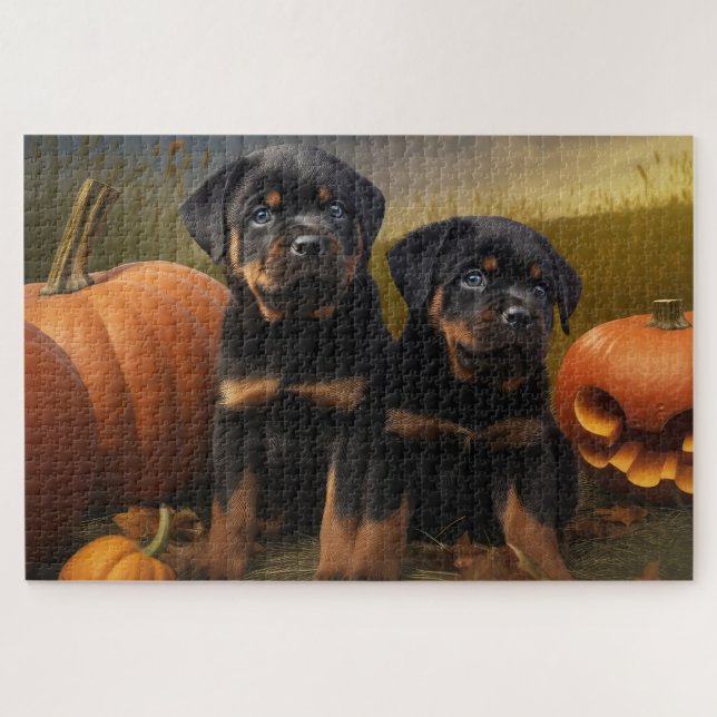 Rottweiler Puppy Autumn Delight Pumpkin Jigsaw Puzzle (Horizontal)