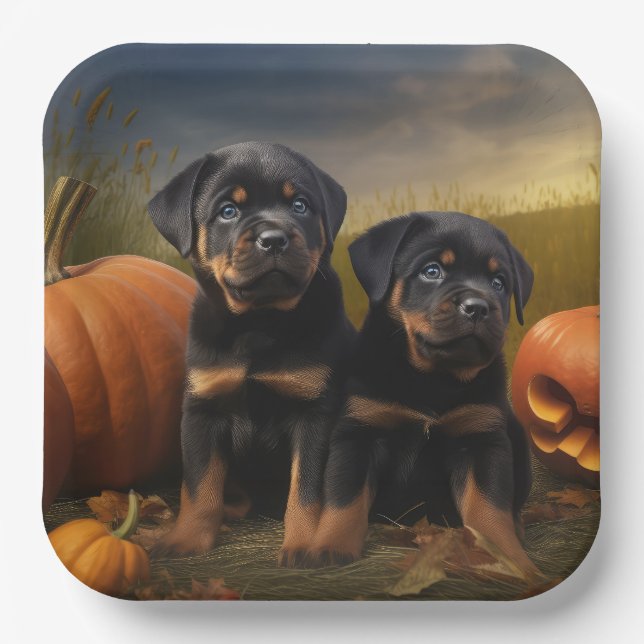 Rottweiler Puppy Autumn Delight Pumpkin Paper Plate (Front)