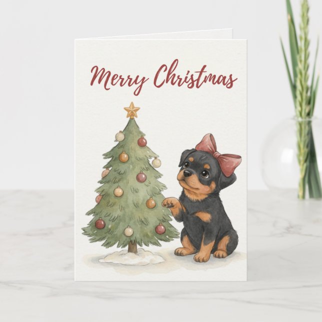 Rottweiler Puppy by Christmas Tree Card (Front)