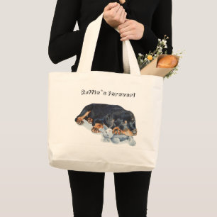 rottweiler puppy cuddling teddy dog portrait art large tote bag