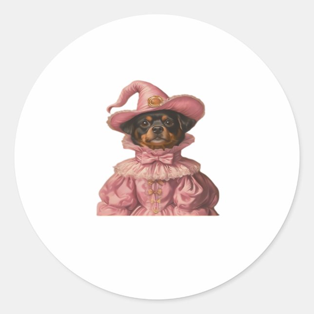 Rottweiler Puppy Dressed as a Pink Witch – Cute Ha Classic Round Sticker (Front)