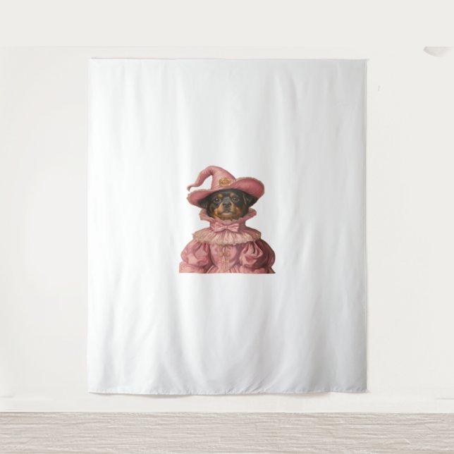 Rottweiler Puppy Dressed as a Pink Witch – Cute Ha Tapestry (Front)