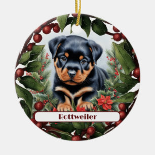 Rottweiler Puppy Holiday Joy Custom Christmas  Ceramic Ornament