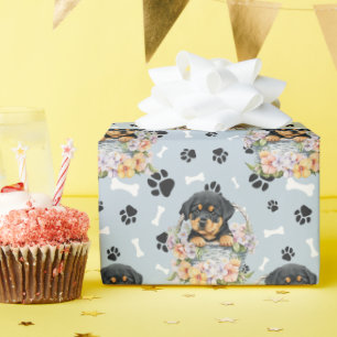 Rottweiler Puppy in Floral Basket Paw Print  Wrapping Paper
