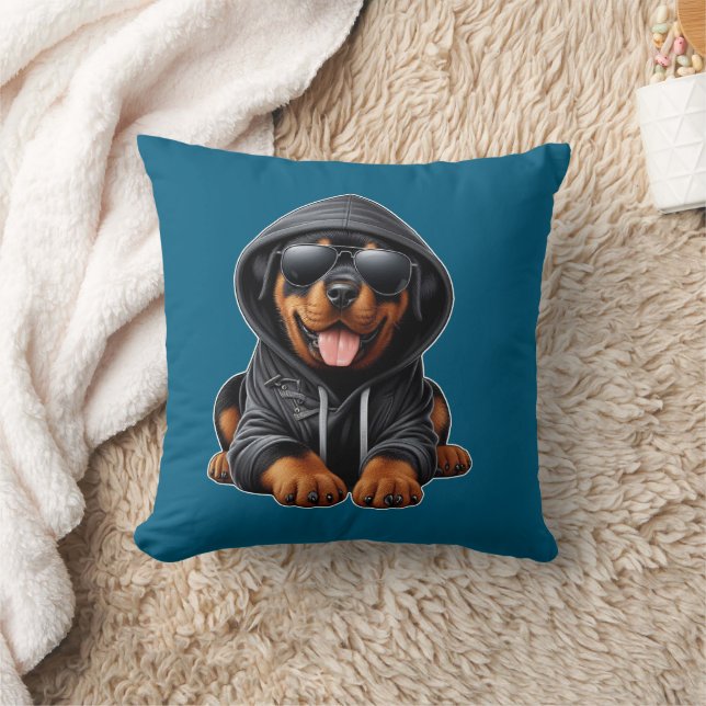 Rottweiler Puppy in Hooded Sweatshirt Throw Pillow (Blanket)