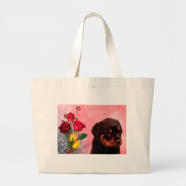 Rottweiler Puppy with Red and Yellow Flowers Large Tote Bag (Front)