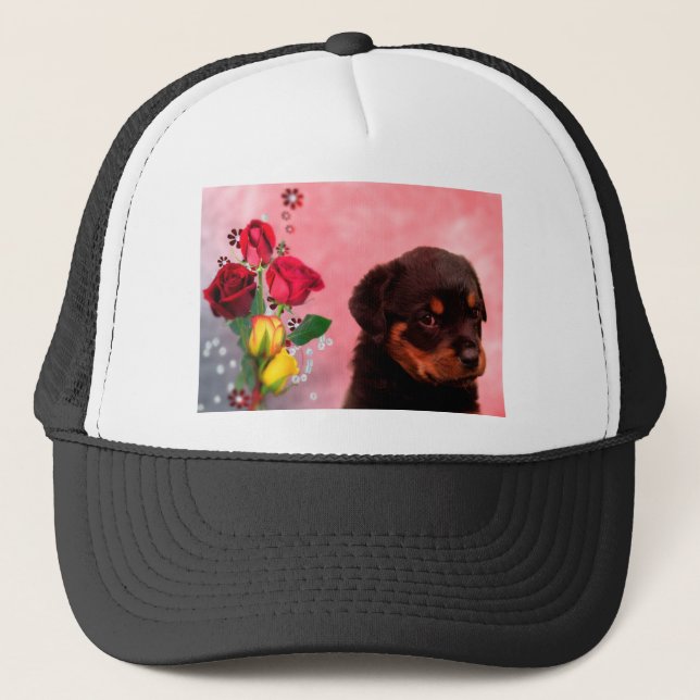 Rottweiler Puppy with Red and Yellow Flowers Trucker Hat (Front)