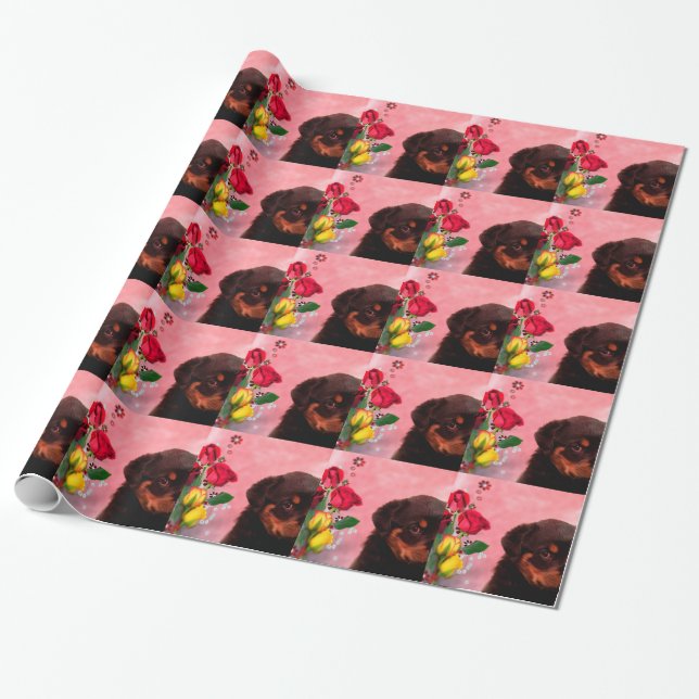 Rottweiler Puppy with Red and Yellow Flowers Wrapping Paper (Unrolled)