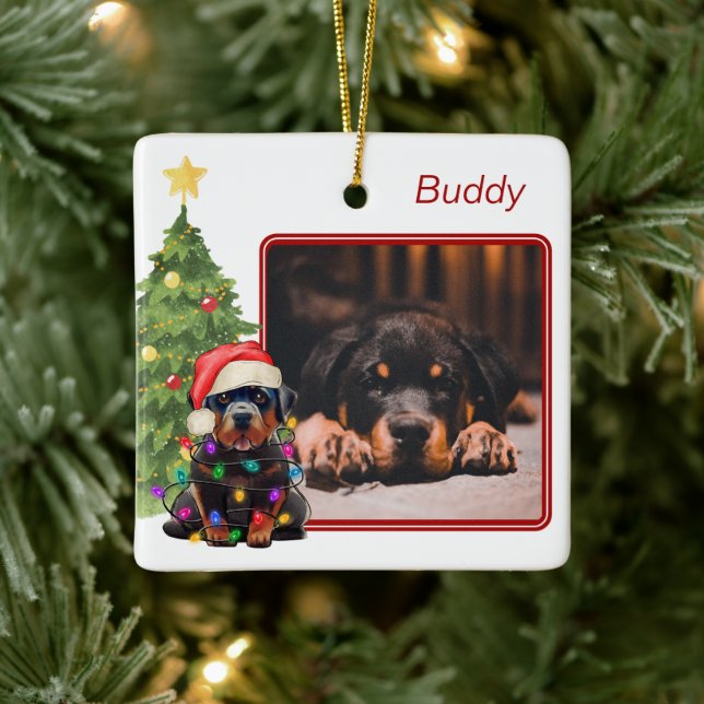 Rottweiler Red White Two Photo Pet Dog Christmas Ceramic Ornament (Tree)