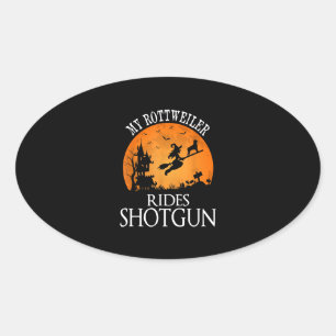 Rottweiler Rides Shotgun Dog Lover Halloween Party Oval Sticker