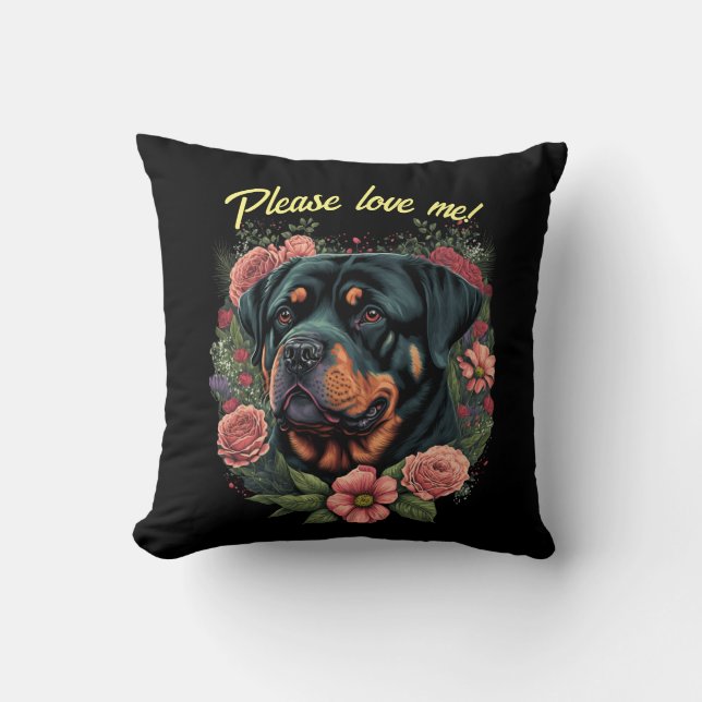 Rottweiler& Roses Throw Pillow & Customizable Text (Front)