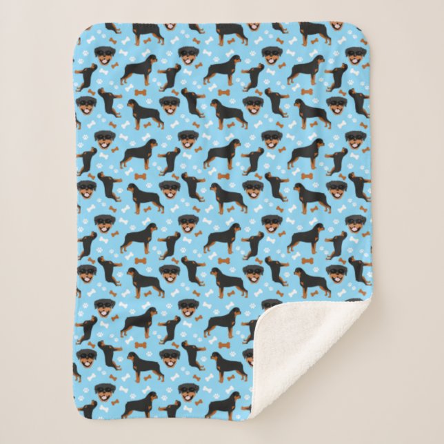Rottweiler Rottie Dog Pattern Blue Sherpa Blanket (Front)