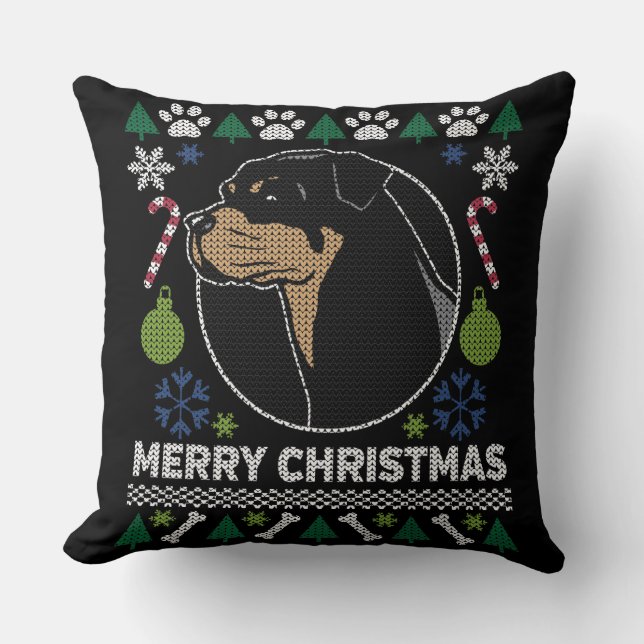 Rottweiler Rottie Merry Christmas Ugly Sweater Throw Pillow (Front)