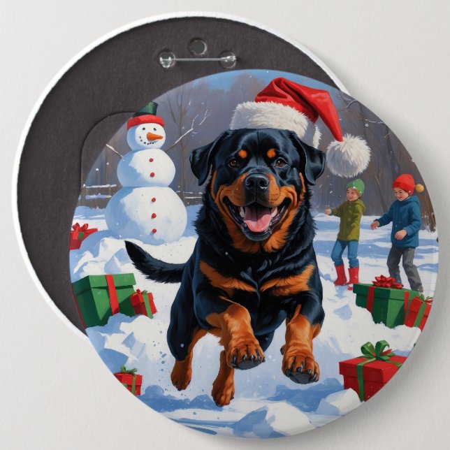 Rottweiler Running in Snow with Christmas Hat 6 Inch Round Button (Front & Back)