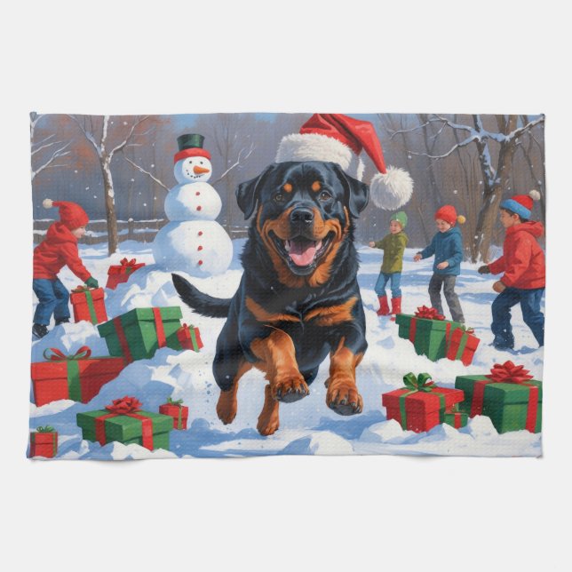Rottweiler Running in Snow with Christmas Hat Kitchen Towel (Horizontal)