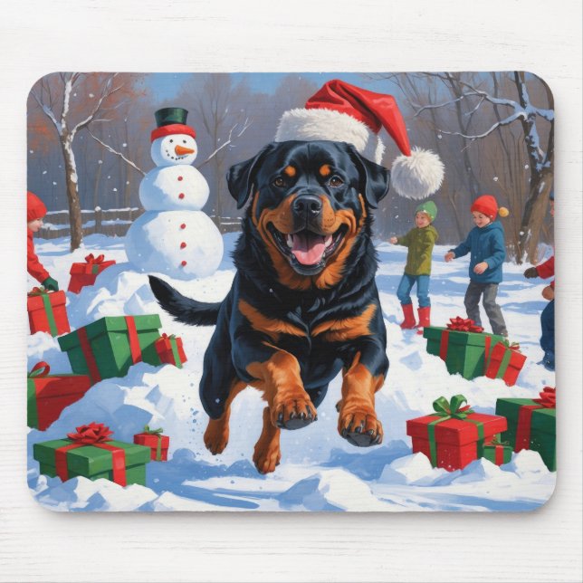 Rottweiler Running in Snow with Christmas Hat Mouse Pad (Front)