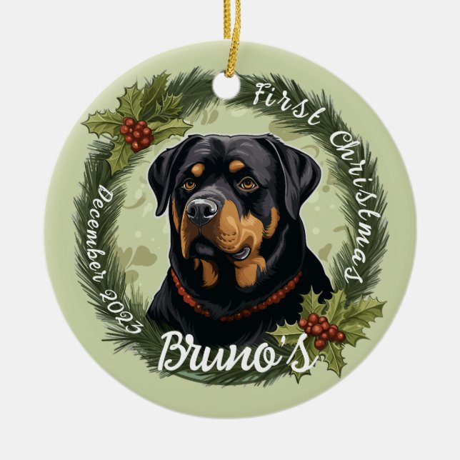 Rottweiler’s First Christmas Ceramic Ornament (Front)