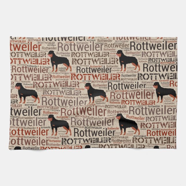 Rottweiler silhouette and word art pattern kitchen towel (Horizontal)