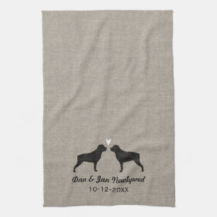 Rottweiler Silhouettes with Heart and Text Kitchen Towel