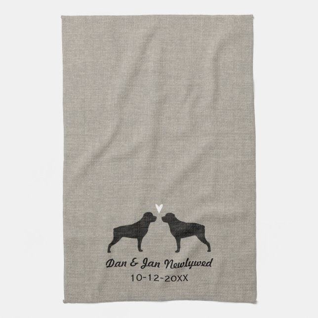 Rottweiler Silhouettes with Heart and Text Kitchen Towel (Vertical)