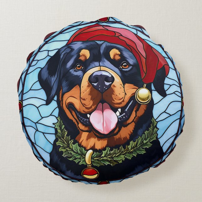 Rottweiler Stained Glass Christmas Round Pillow (Back)