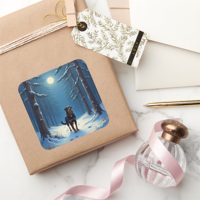 Rottweiler Starry Forest Hike Christmas Painting Square Sticker (Gifting)