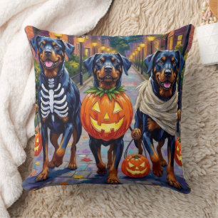 Rottweiler Trick-or-Treating In Halloween Costumes Throw Pillow
