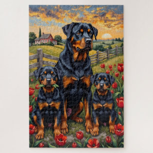 Rottweiler Tulip Field Art Jigsaw Puzzle