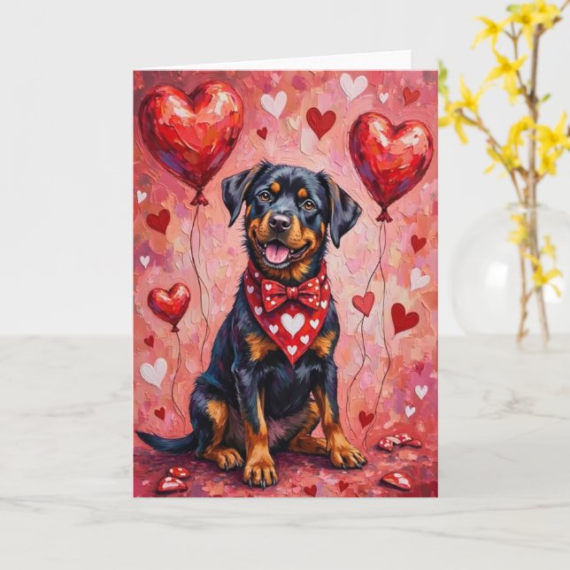 Rottweiler Valentine’s Day Dog with Hearts Red Card (Yellow Flower)