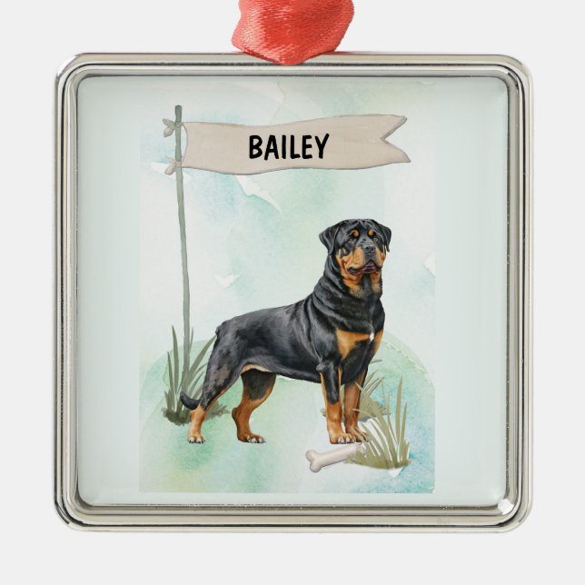 Rottweiler Watercolor Personalized Dog Metal Ornament (Front)