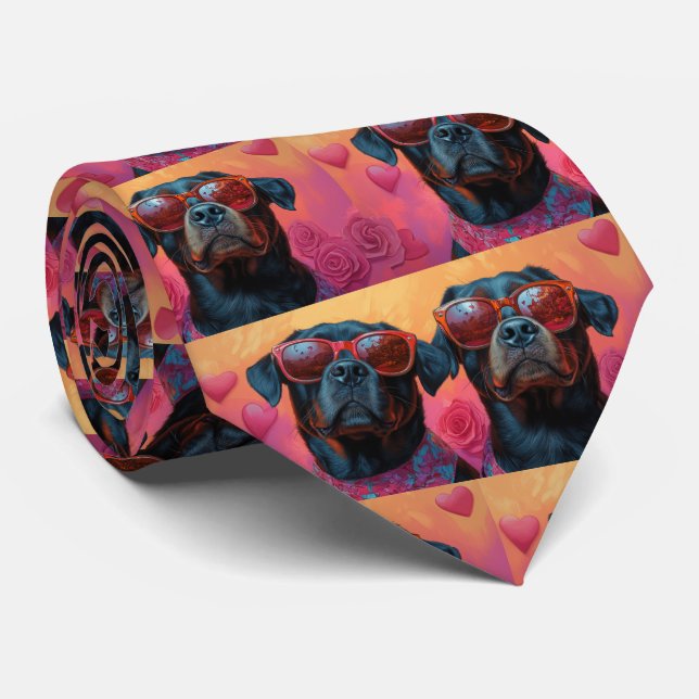 Rottweiler With Heart Roses Valentine's Day Tie (Rolled)