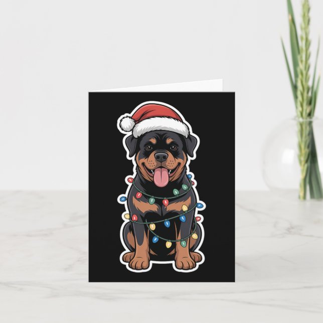 Rottweiler Wrapped In Christmas Lights  Card (Front)