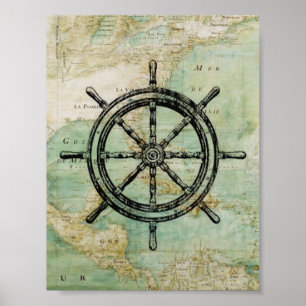 Roue de bateaux et affiche nautiques antiques de