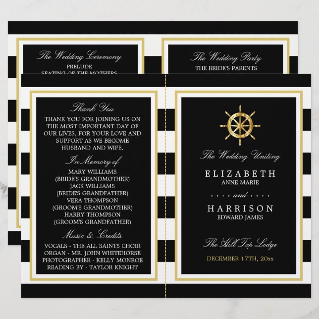 Roue d'or nautique, programme de mariage noir/or (Devant / Derrière)