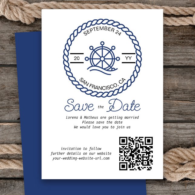 Roue Nautique Code QR Mariage Enregistrer La Carte (Nautical Wedding Save the Date Card with QR Code)