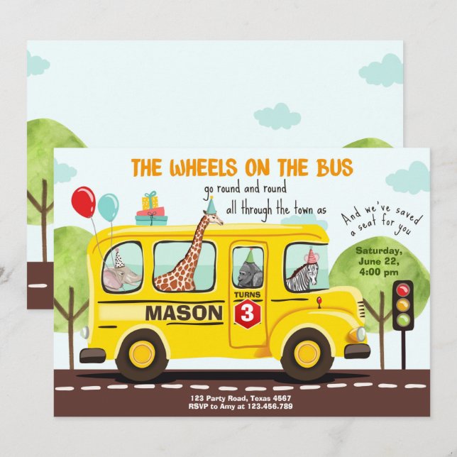Roues dans l'autobus Fête d'autobus Invitation (Devant / Derrière)