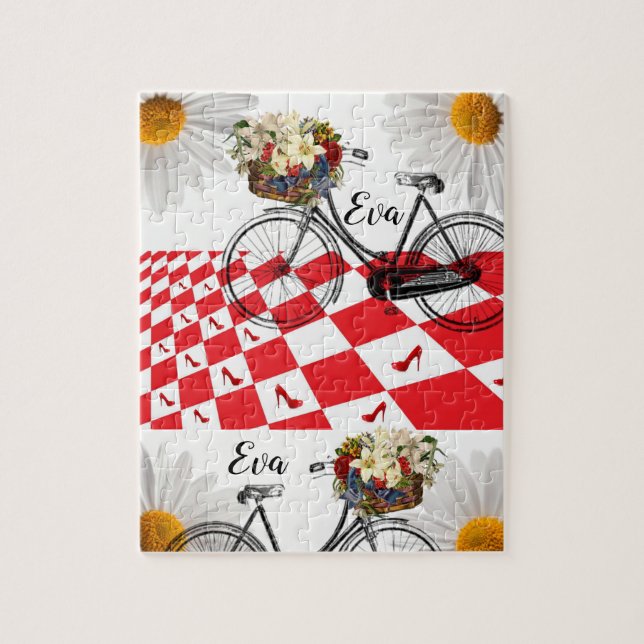 Rouge À damiers Floral Vélo Jigsaw Puzzle Daisy (Vertical)