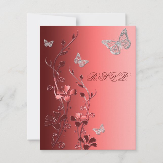 Rouge avec Papillons Argent Carte de réponse (Devant)