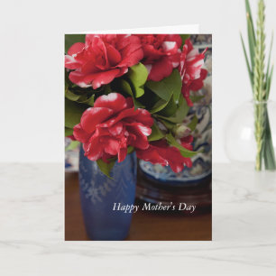 Rouge & Blanc Camelias Vase bleu carte de fête des