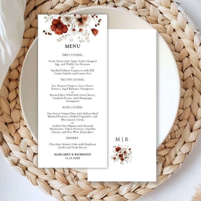 Rouge Blanc Rustique Aquarelle Floral Menu Mariage (Créateur téléchargé)