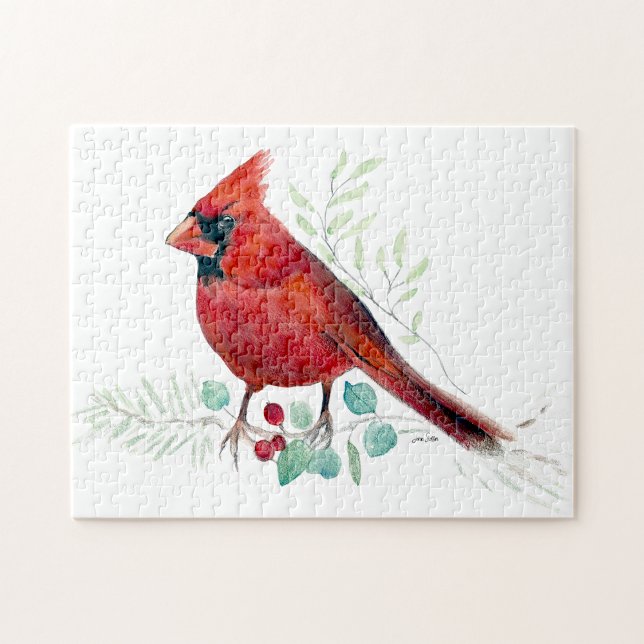 Rouge Cardinal Oiseau Aquarelle Art Puzzle (Red Cardinal Bird Watercolor Art Jigsaw Puzzle from Jenn's Emporium. )