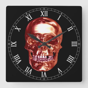 Rouge Chrome Crâne Carré chiffres romains Horloge