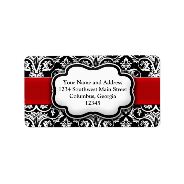 Rouge Damask noir et blanc Étiquette de adresse de (Devant)
