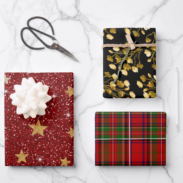 Rouge de Noël Paillettes Papier Or Plaid Tartan (Recto)
