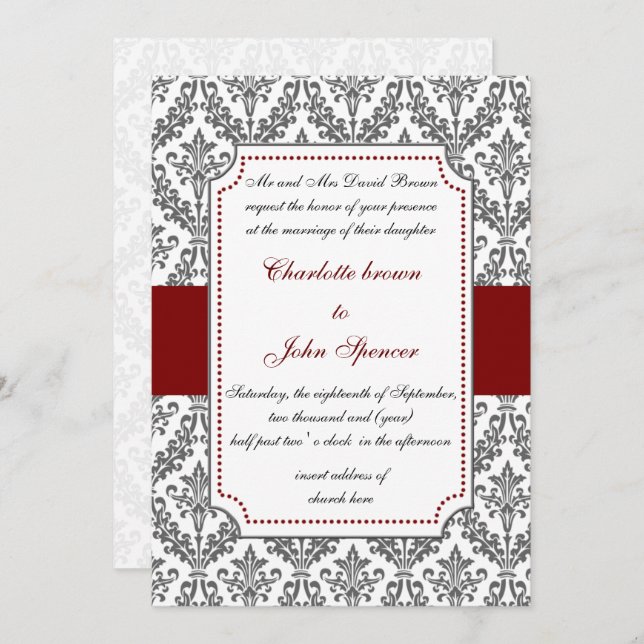 rouge élégant, invitation mariage damassé (Devant / Derrière)