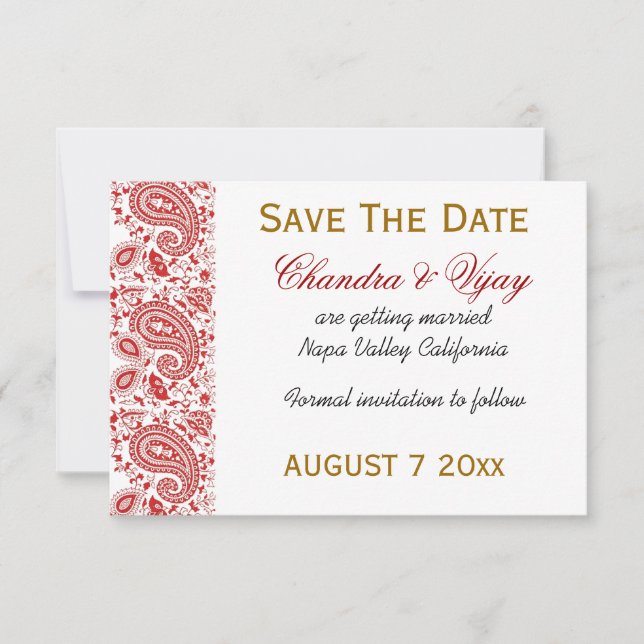 Rouge et blanc paisley Save the date mariage