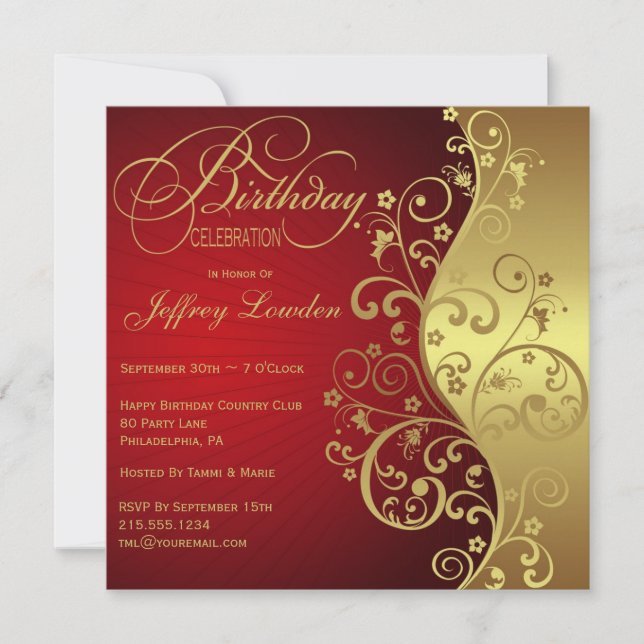 Rouge et invitation de fête d'anniversaire d'or (Devant)