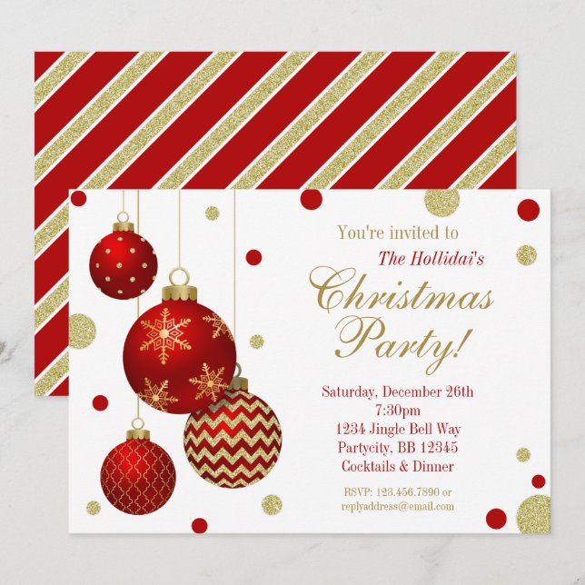 Rouge et invitation de fête de Noël de babioles (Devant / Derrière)