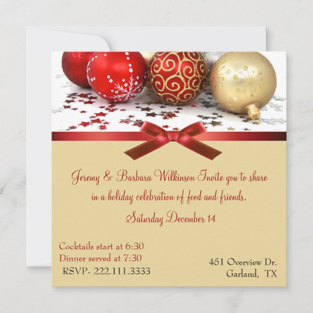 Rouge et invitation de fête de Noël de boules d'or (Devant)