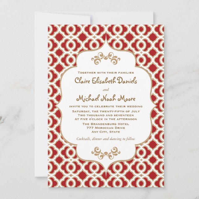 Rouge et invitations marocaines de mariage d'or (Devant)